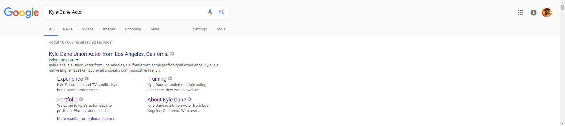 A Google search for Kyle Dane Actor with kyledane.com ranking first, with sitelinks for Experience, Training, Portfolio and About