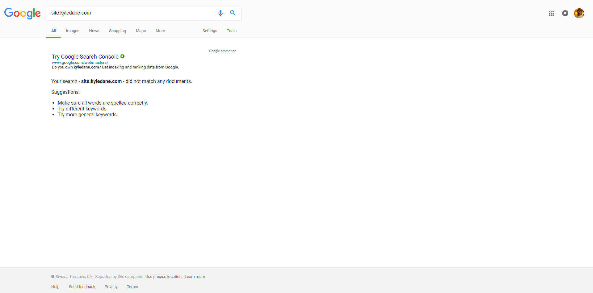 A Google search for site:kyledane.com returning no results at all
